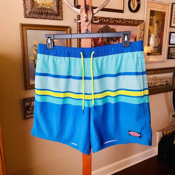 Vineyard Vines premium swim trunks pickets 6.5” inseam SZ L blue turquoise - Picture 2 of 11